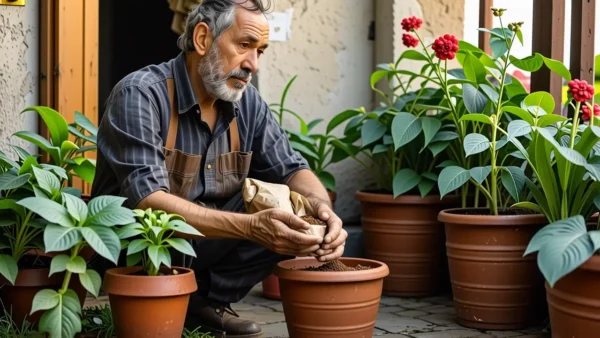 Un hombre pensativo sostiene café en jardín
