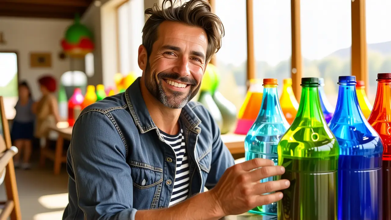 Reciclar Botellas: Ideas Creativas y Reciclaje 3 Un hombre creativo exhibe su arte reciclado