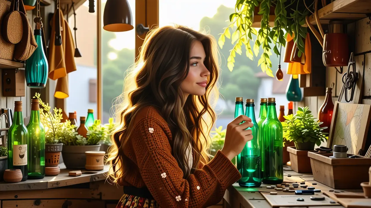 Reciclar Botellas: Ideas Creativas y Reciclaje 5 Una mujer contempla botellas en un taller creativo
