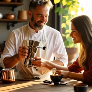 Un hombre ayuda a preparar café en cocina rústica
