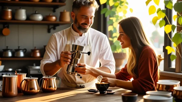 Limpieza Cafetera Express: Guía Completa y Fácil 1 Un hombre ayuda a preparar café en cocina rústica