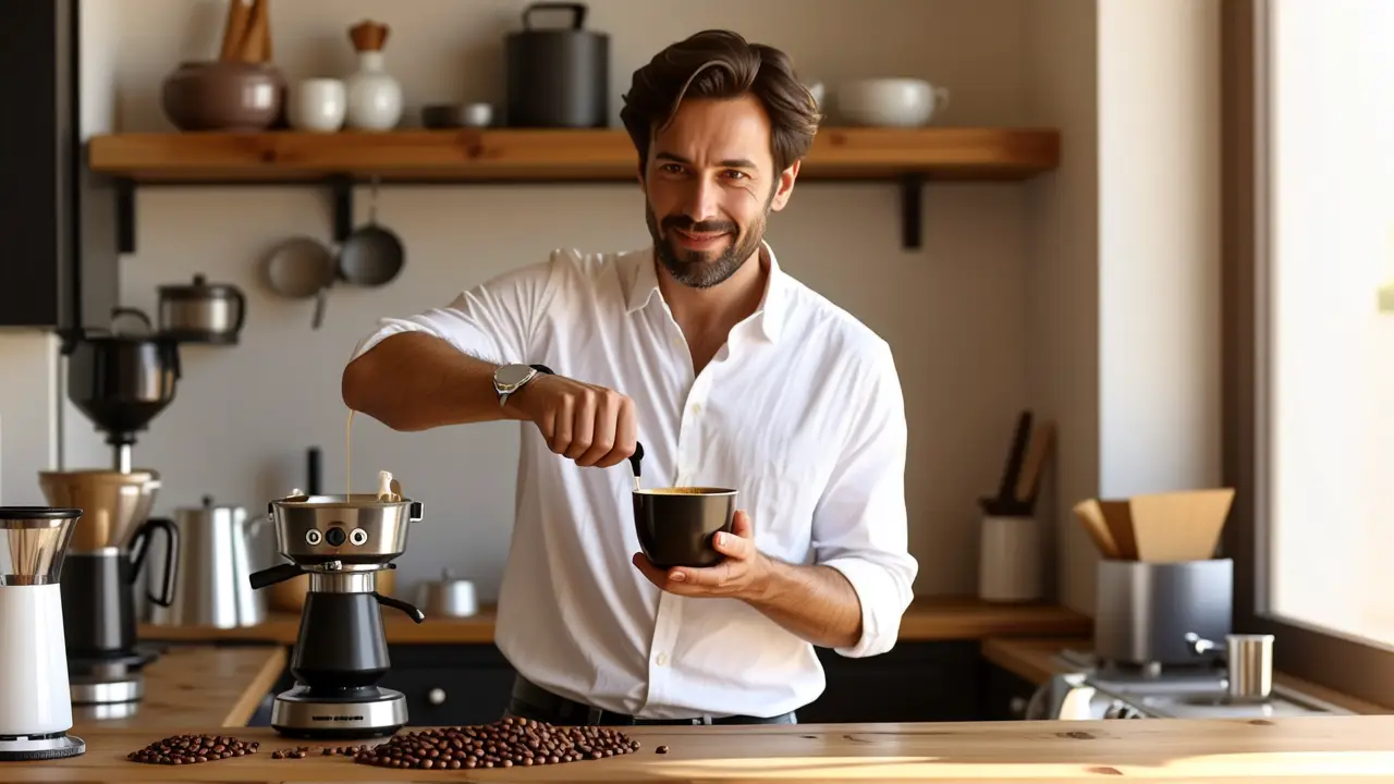 Limpieza Cafetera Express: Guía Completa y Fácil 5 Un hombre amable disfruta café en casa