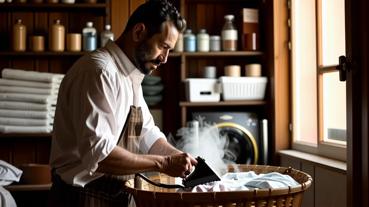 Un hombre español vintage en labores crea paz