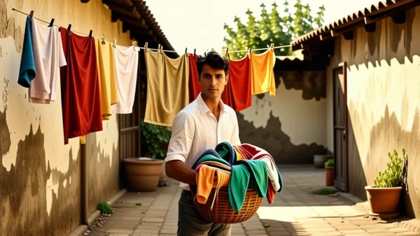 Un hombre pensativo en un patio soleado