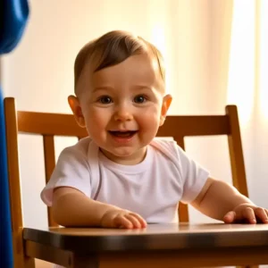 Un bebé español blanco sonríe en la luz cálida