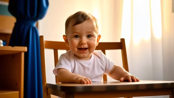 Un bebé español blanco sonríe en la luz cálida