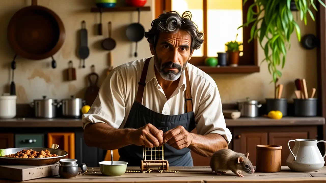 Un hombre preocupado captura una rata en su cocina