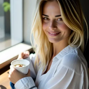 Mujer sonriente en luz cálida y suave