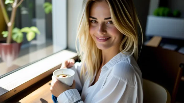Mujer sonriente en luz cálida y suave