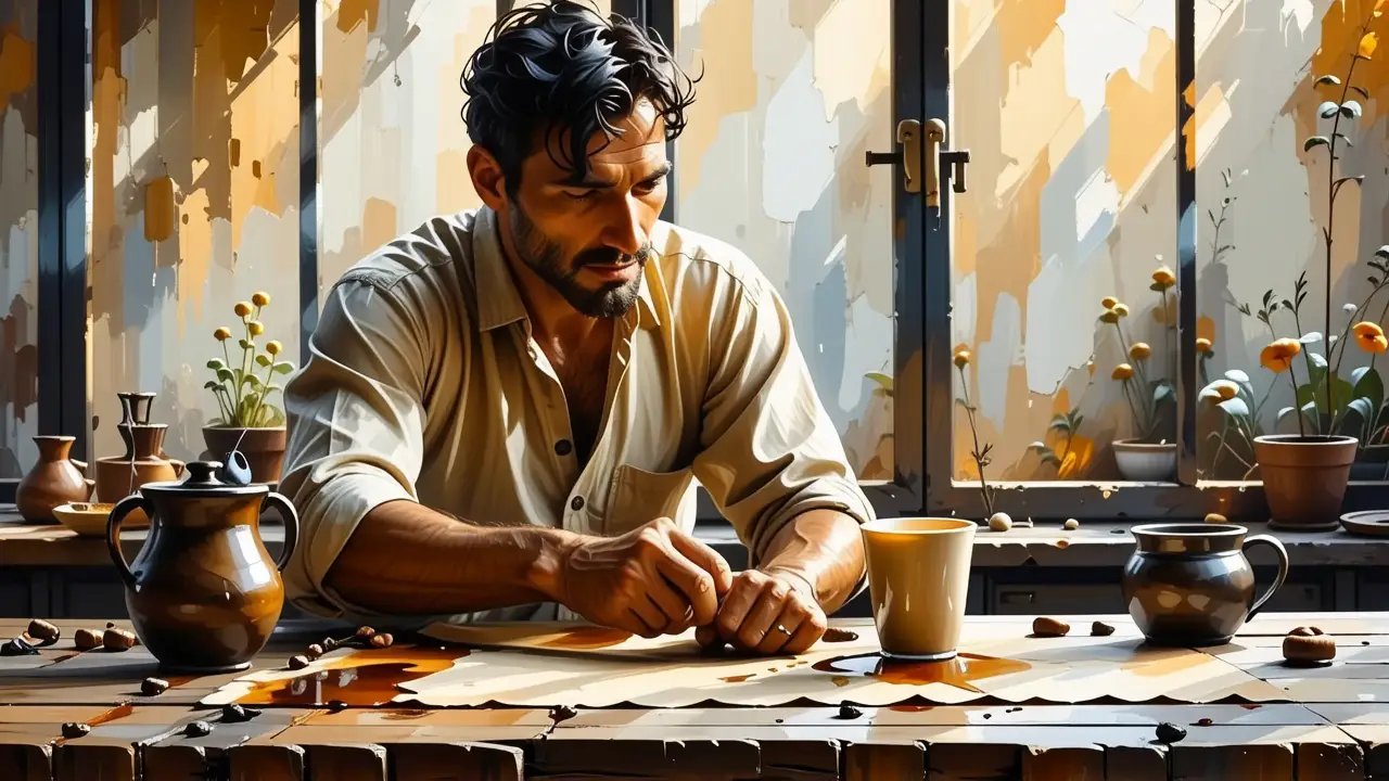 Un hombre realista limpia con determinación el café