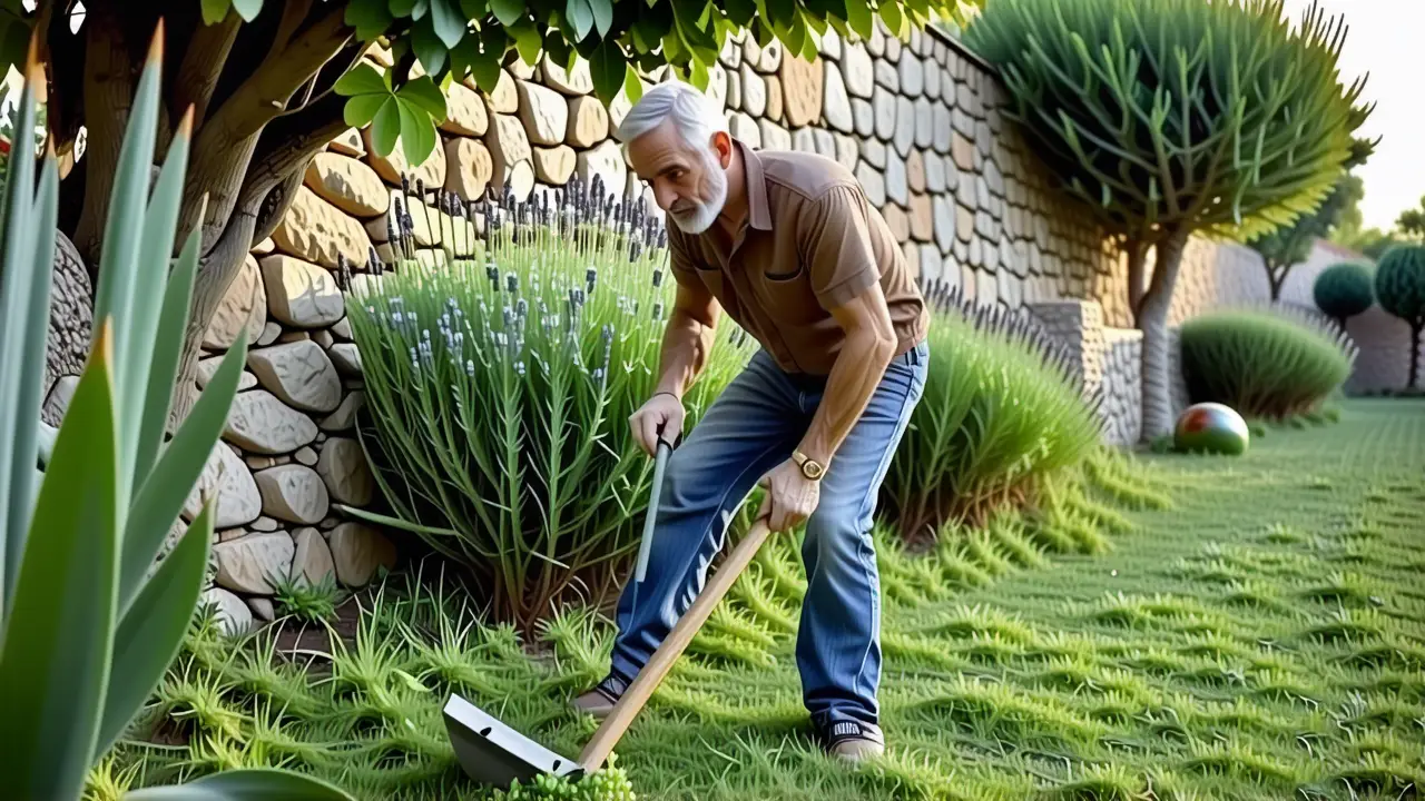 Un hombre pensativo trabaja en un jardín soleado