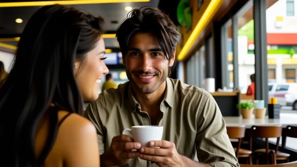 Un hombre amable en café evoca arte clásico