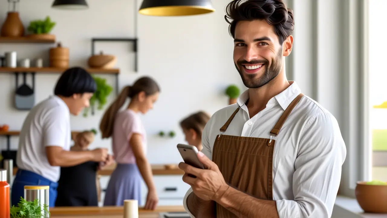 Hombre en cocina evalúa fotografía realista