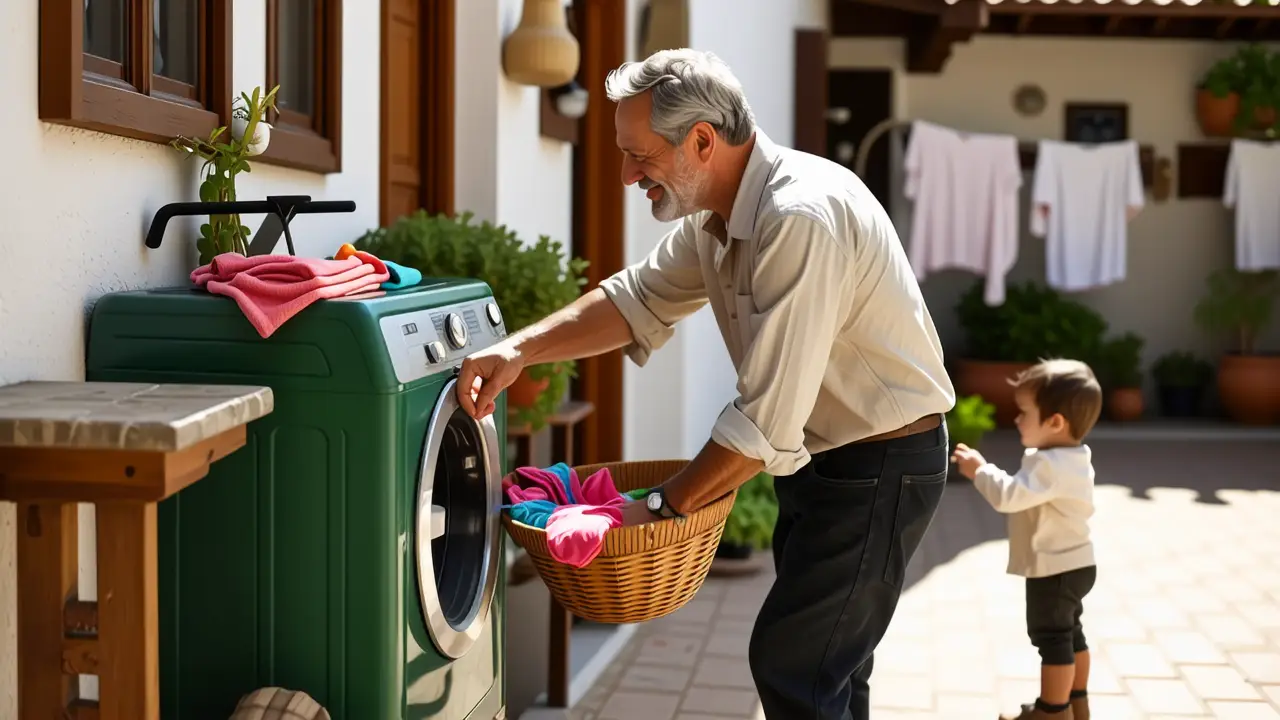 Un hombre español amable examina una lavadora en un patio soleado