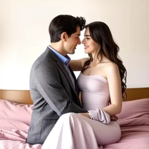 Un hombre elegante y una mujer serena en un dormitorio lujoso