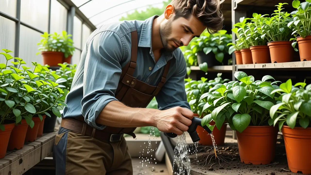 Un hombre contempla plantas en un jardín