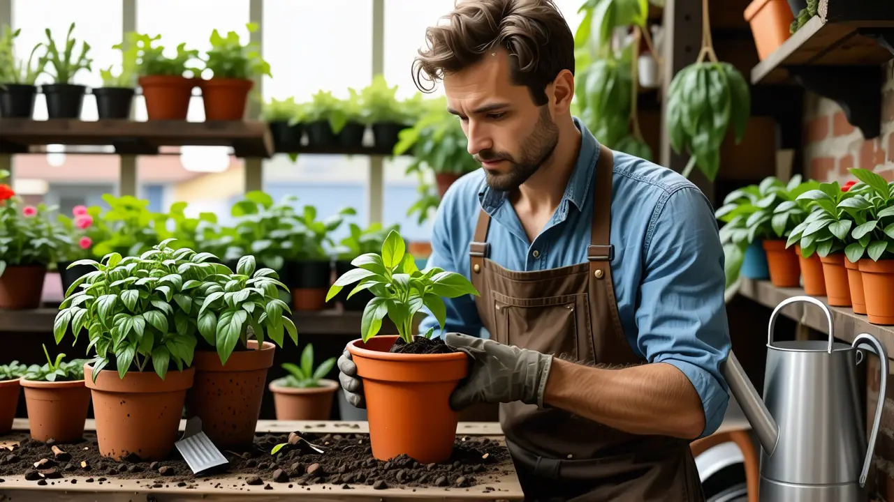 Un hombre examina una planta en un invernadero tranquilo
