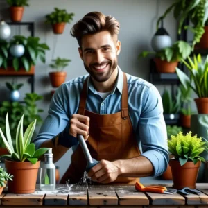 Un hombre sonríe entre plantas y luz cálida