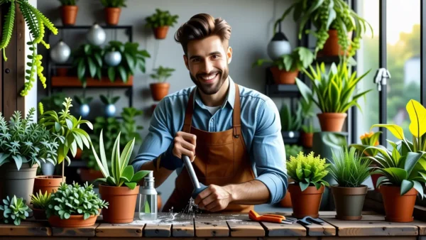 Un hombre sonríe entre plantas y luz cálida