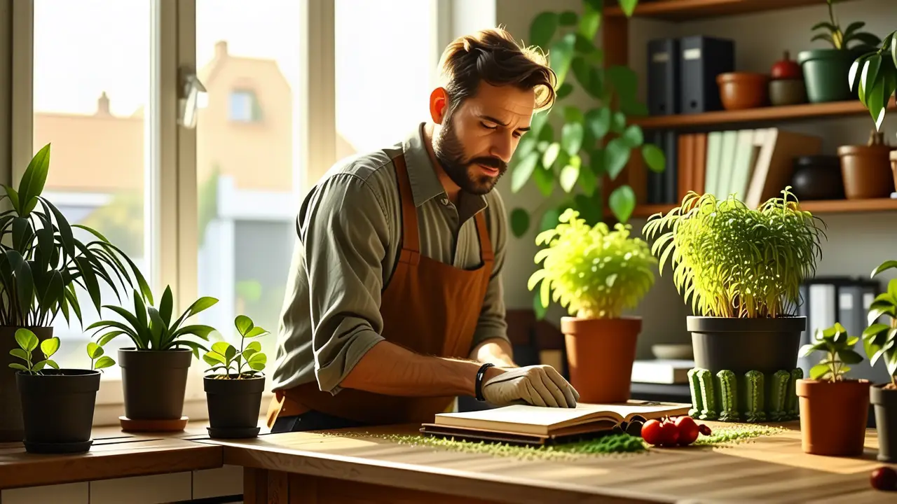 Un hombre joven cultiva serenamente en cocina