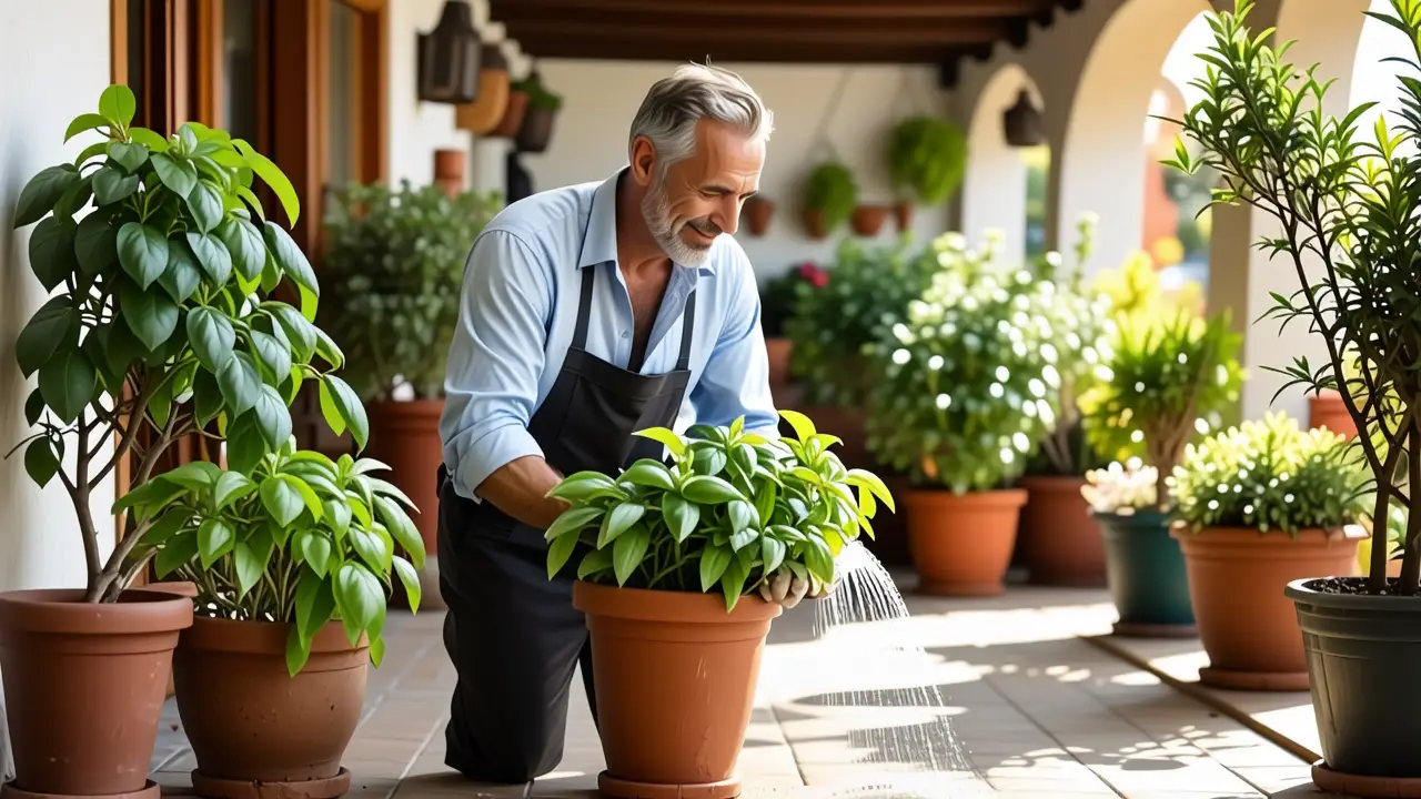 Un hombre español riéndose regando una planta