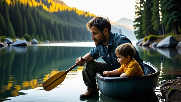 Un hombre ayuda a un niño en la orilla