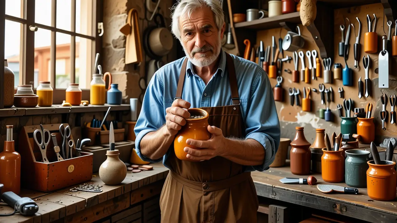 Un artesano español amable trabaja en su taller