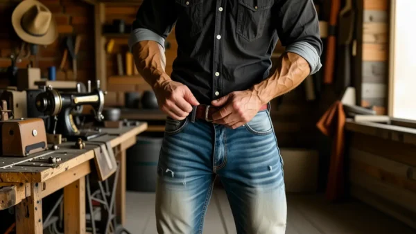 Un hombre robusto ajusta su camisa vaquera
