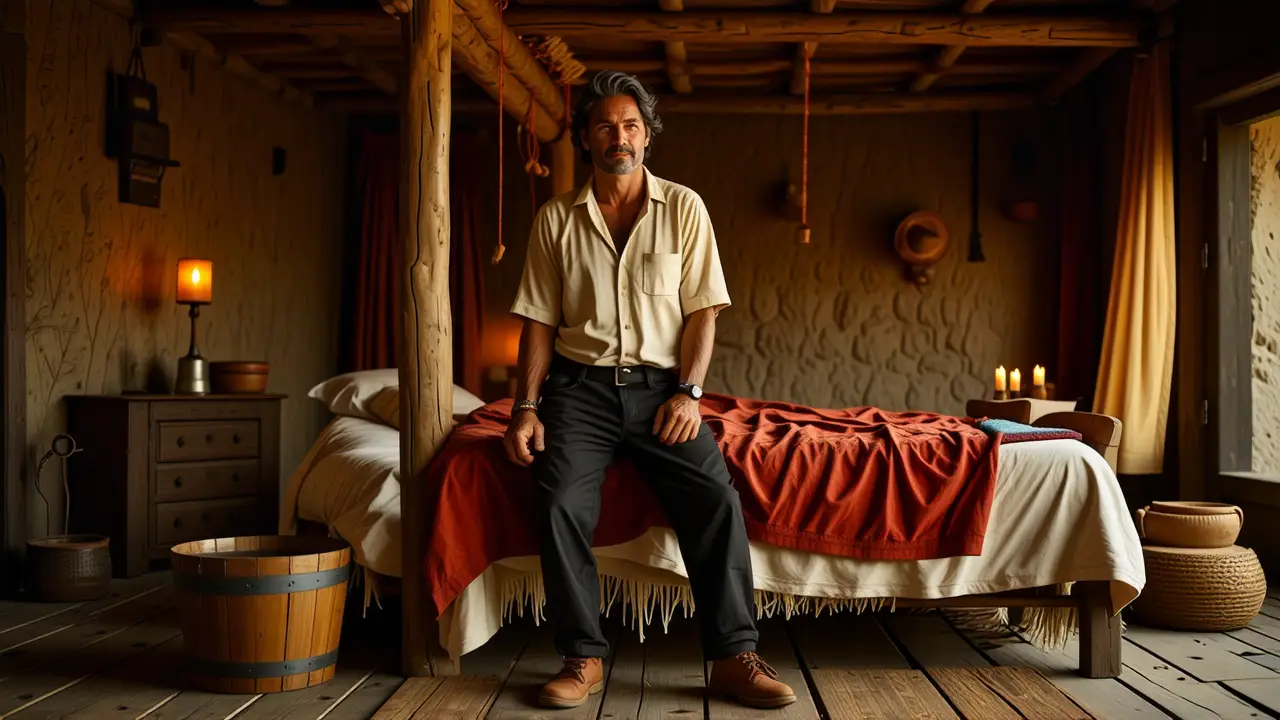 Un hombre rural sonríe en su habitación