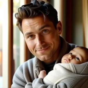 Padre cariñoso sostiene bebé en luz cálida