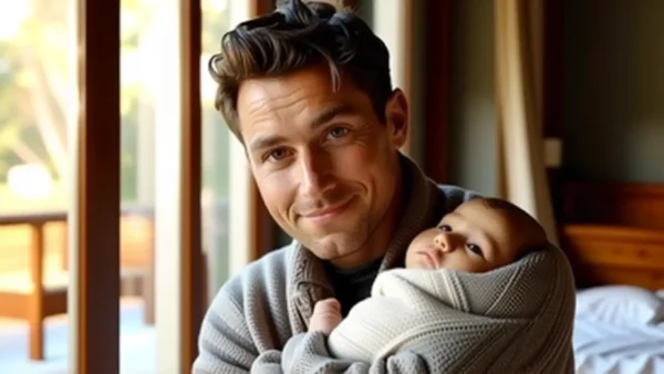 Padre cariñoso sostiene bebé en luz cálida