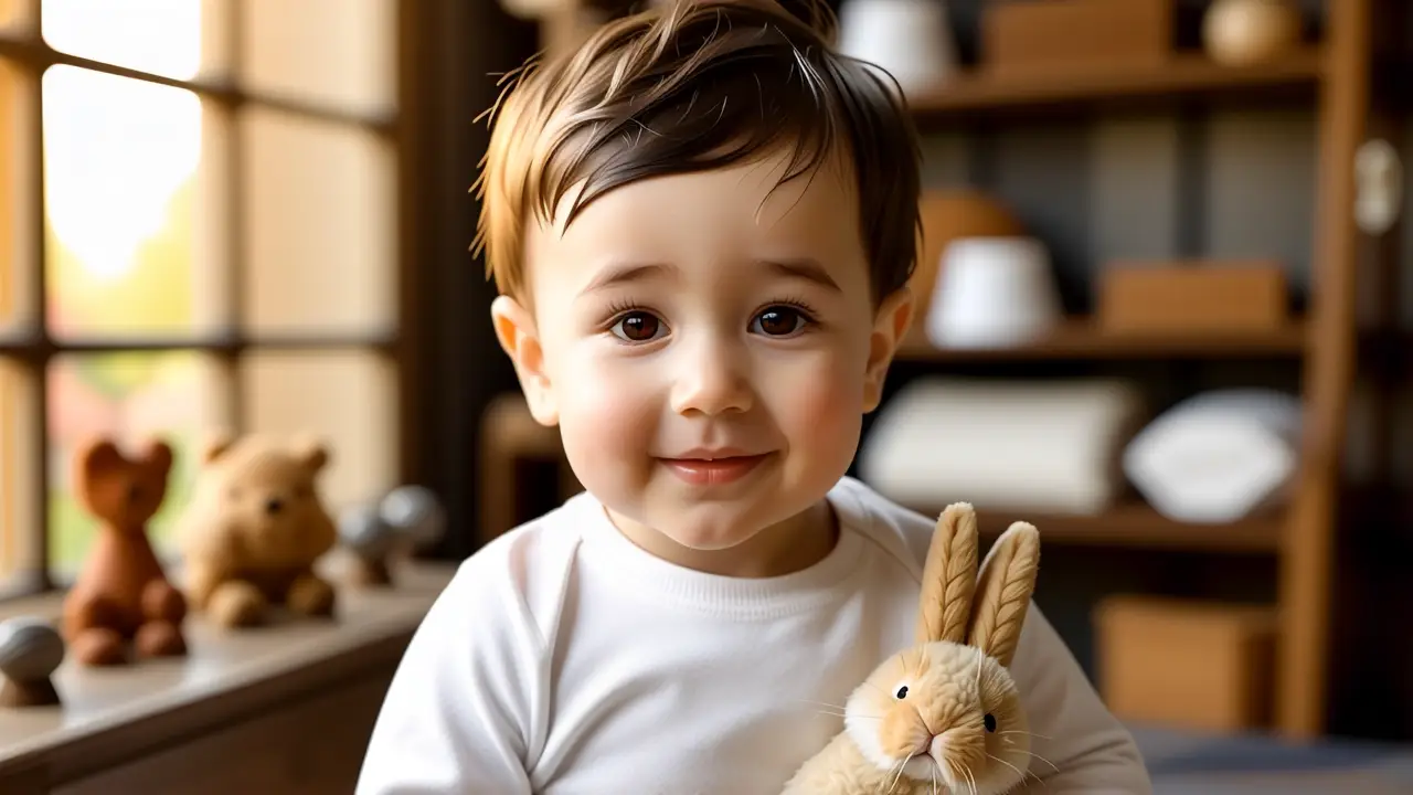 Un bebé caucasiano sonríe en luz cálida