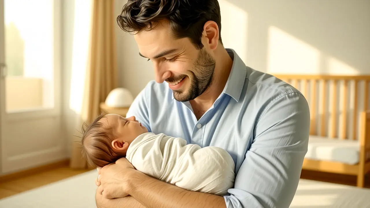Un padre cariñoso abraza a su bebé en luz cálida
