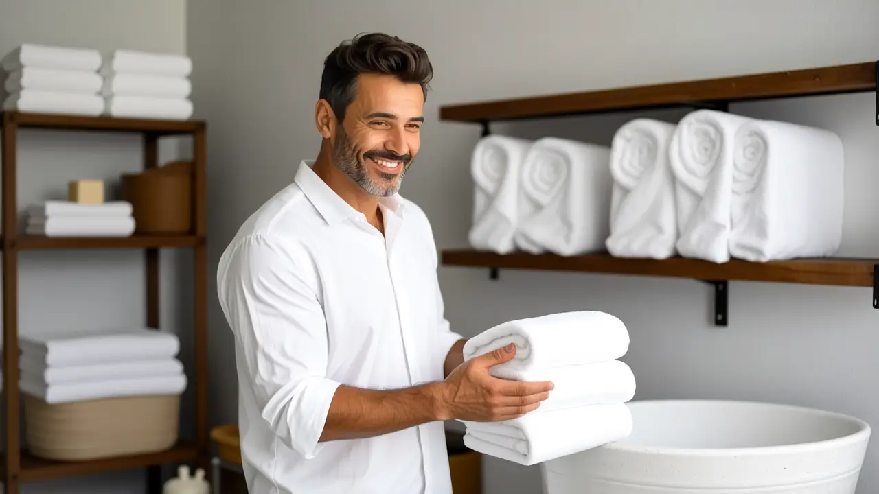 Un hombre español suavemente dobla una toalla en la luz cálida