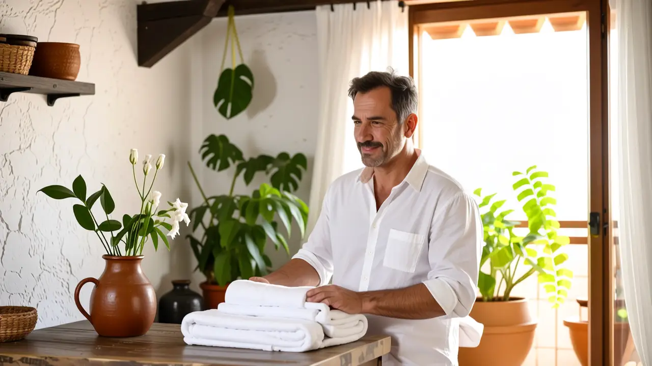 Un hombre español blanco fía una toalla en casa