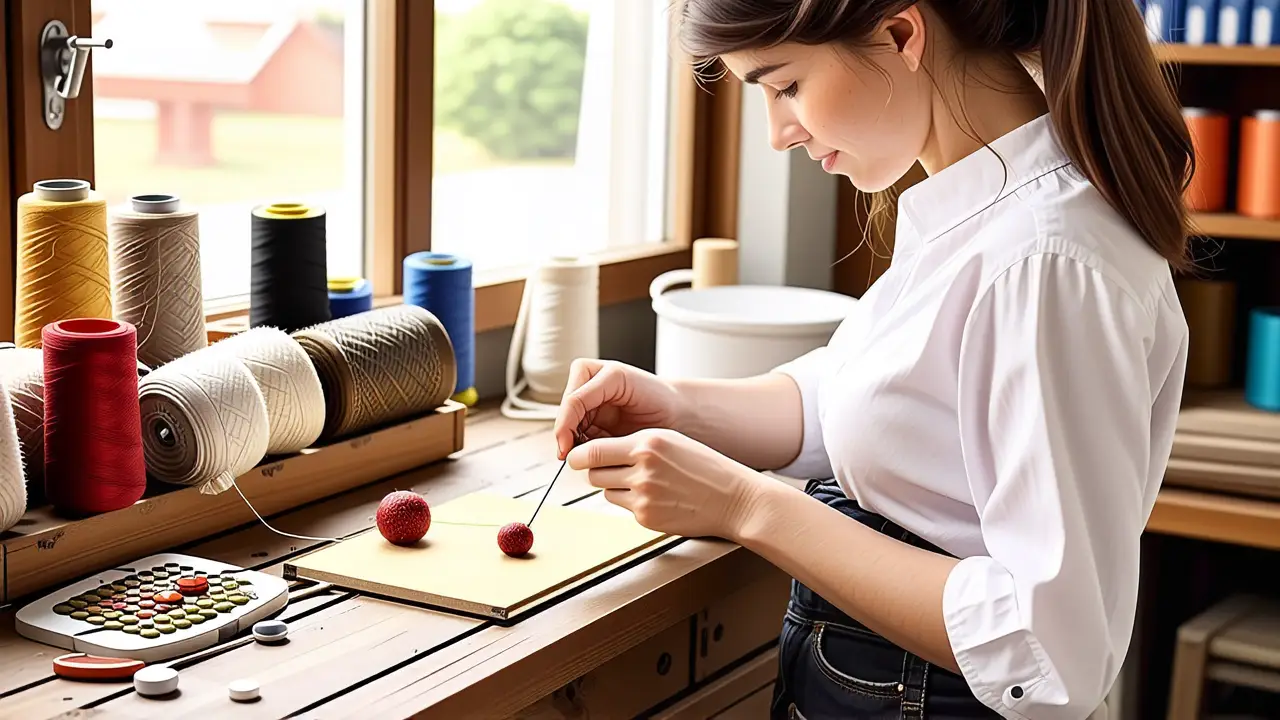 Mujer arregla botón en taller acogedor