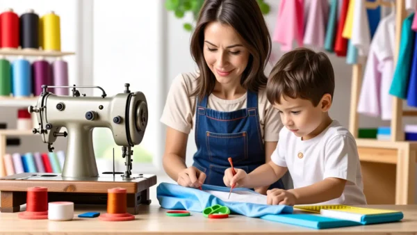 Una mujer enseña a su nieto a coser