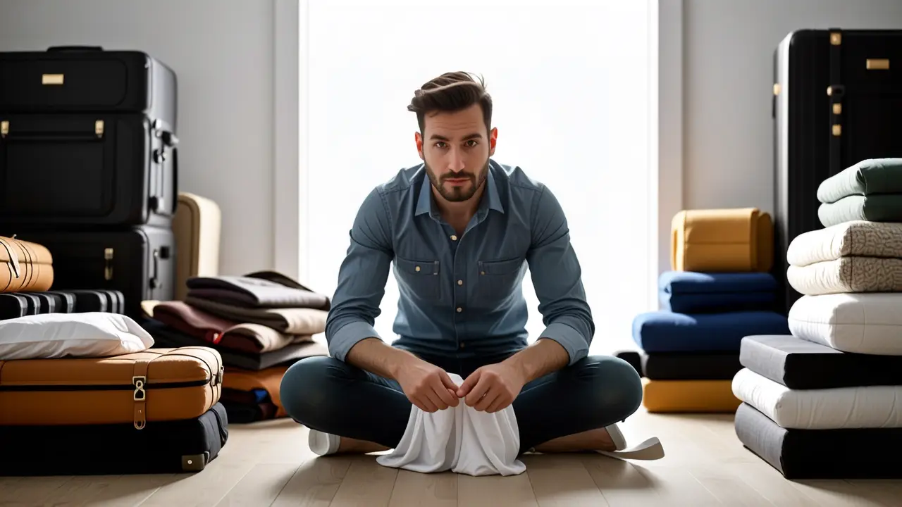 Un hombre elegante se prepara para viajar en un estudio luminoso