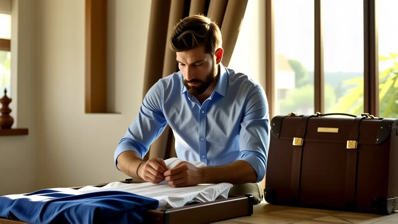 Un hombre español contempla su equipaje con calma