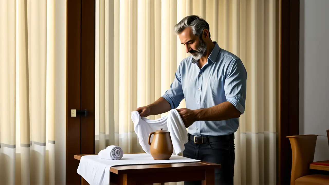 Un hombre español apacible dobla sábanas blancas