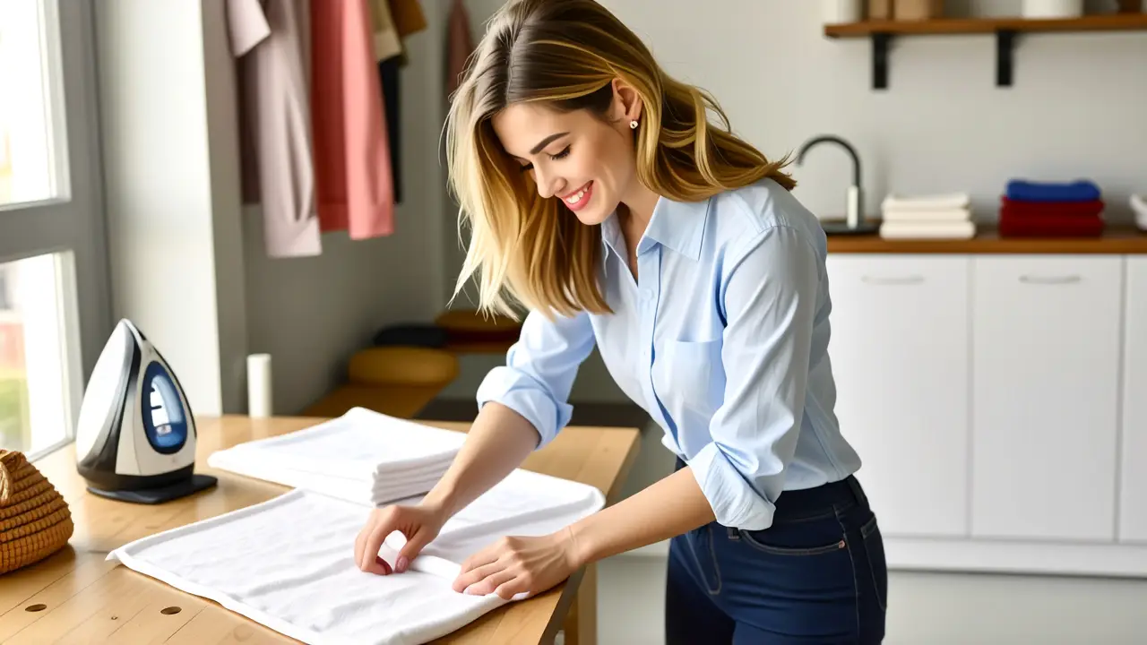 Una mujer ilustra el doblado de ropa en un ambiente luminoso