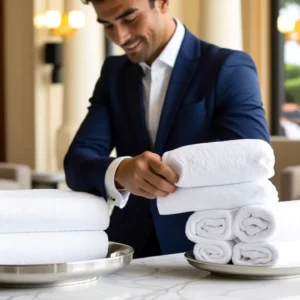 Un concierge elegante dobla una toalla en un hotel lujoso