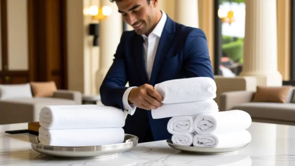Un concierge elegante dobla una toalla en un hotel lujoso