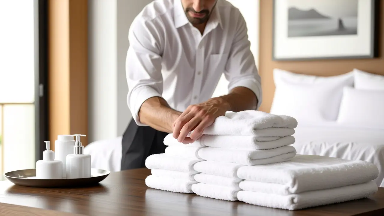 Como doblar toallas elegantes: guía hotel 4 Un hombre elegante dobla una toalla en lujo