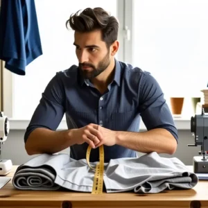 Un hombre mide ropa en lavandería tranquila