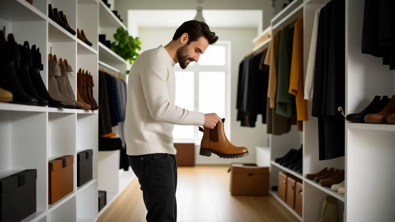 Un hombre en un armario escandinavo transmite calma y orden