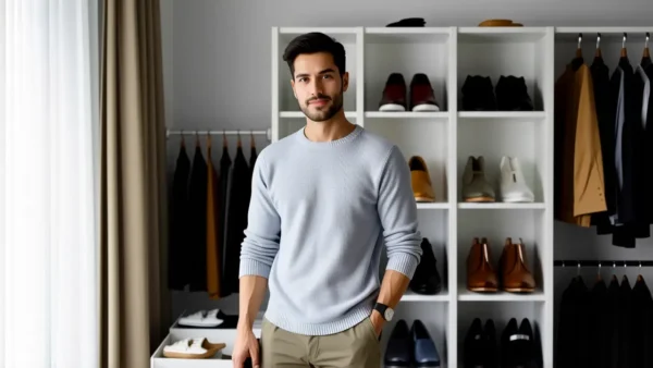 Un hombre tranquilo organiza su hogar minimalista