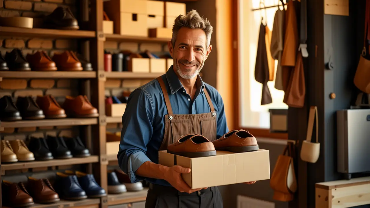 Un hombre español amable organiza cajas vintage