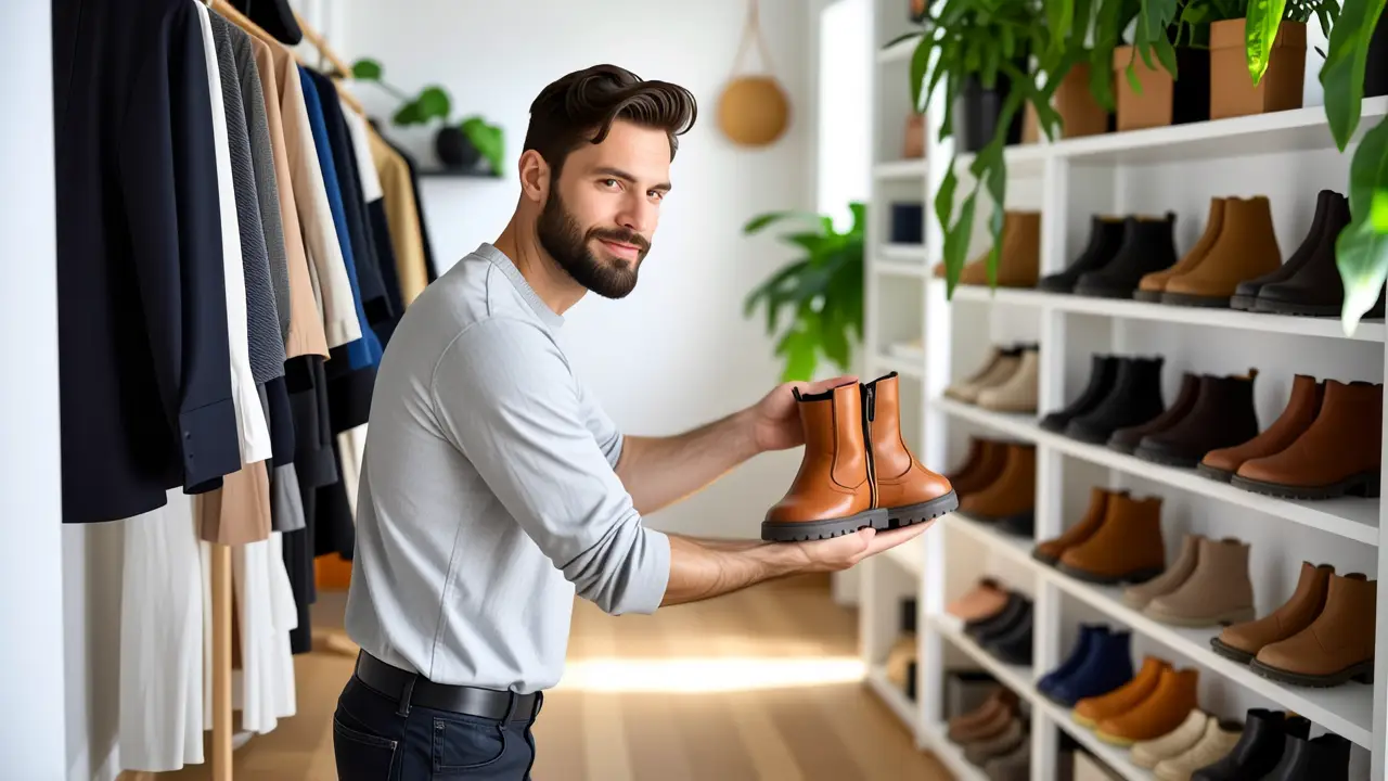 Un hombre en un armario escandinavo busca botas