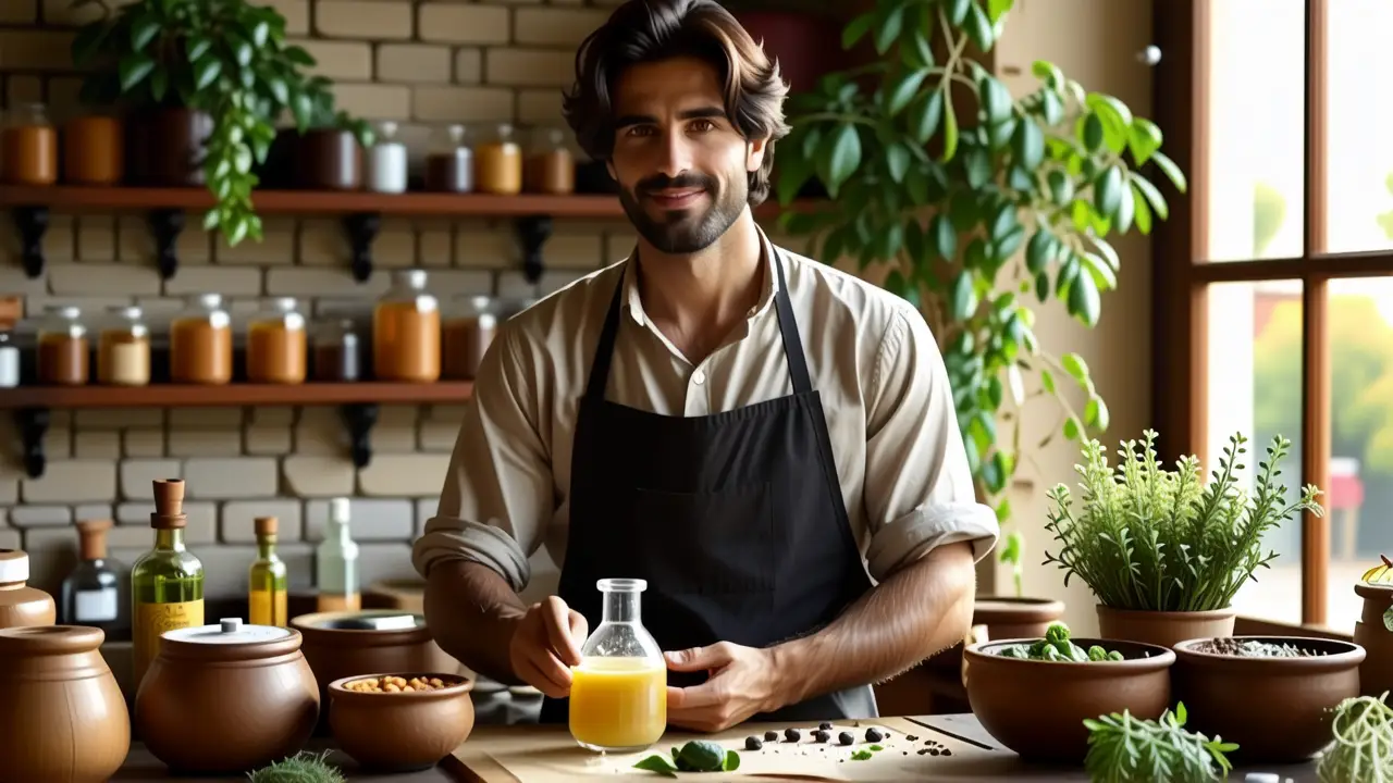 Un hombre español amable prepara lye en rusticidad